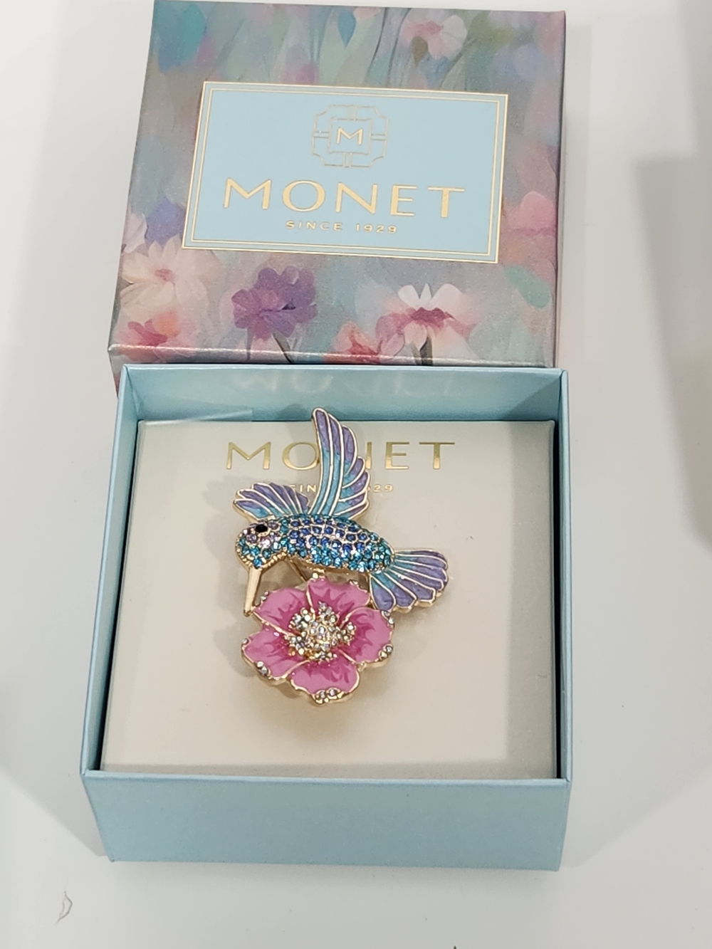 Monet Pink Flower Hummingbird Brooch with Blue Crystal Accents